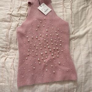 Zara Pink Sleeveless Top with Pearl Embellishments